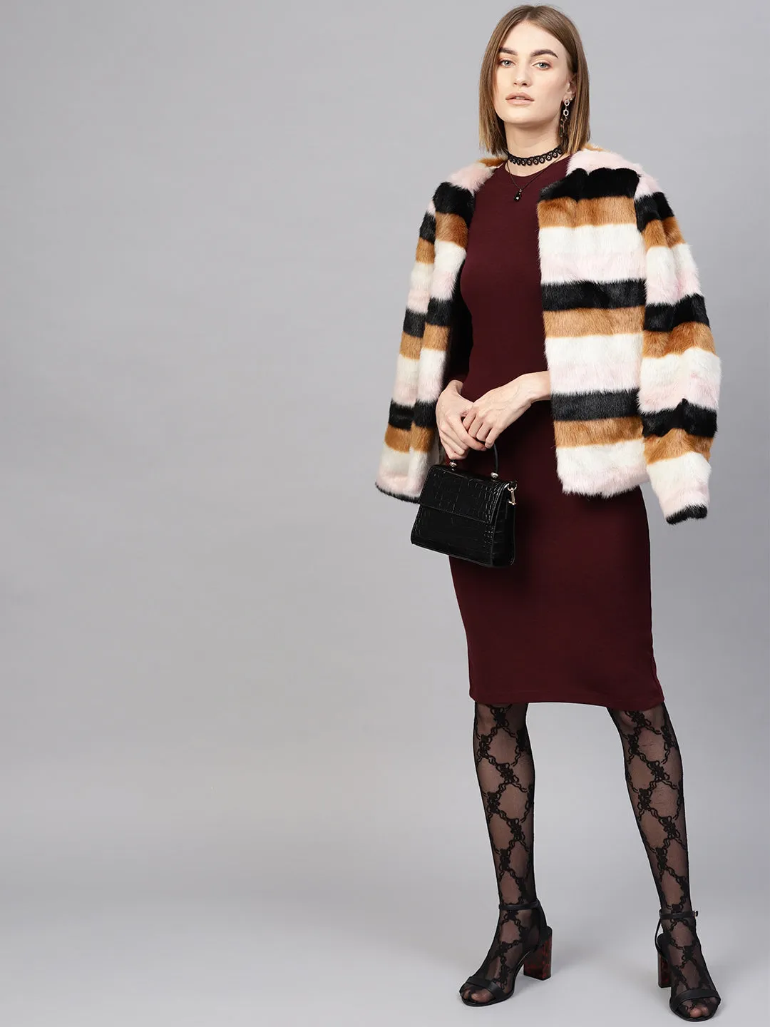 Women Burgundy Rib Full Sleeves Bodycon Dress