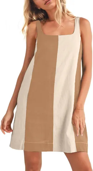 Women Color Block Square Neck Sleeveless Mini Dress Adjustable Wide Strap Contrast Linen Short Dress with Pockets