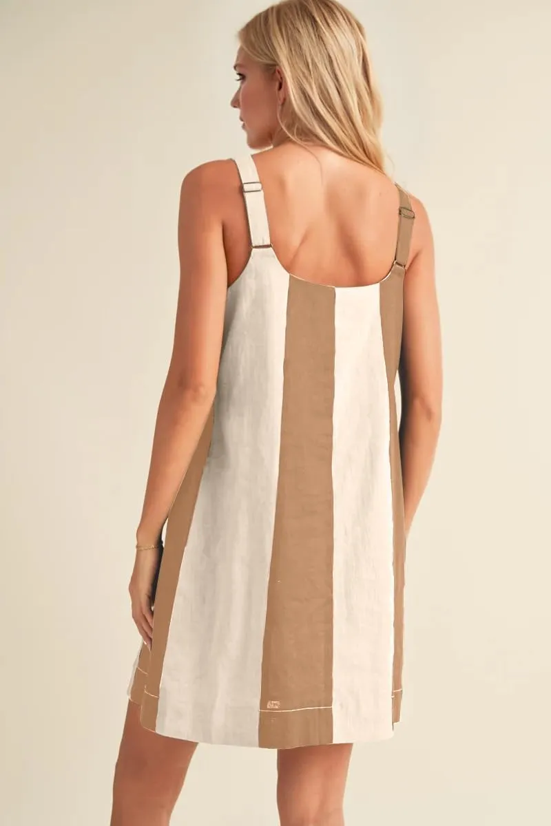 Women Color Block Square Neck Sleeveless Mini Dress Adjustable Wide Strap Contrast Linen Short Dress with Pockets