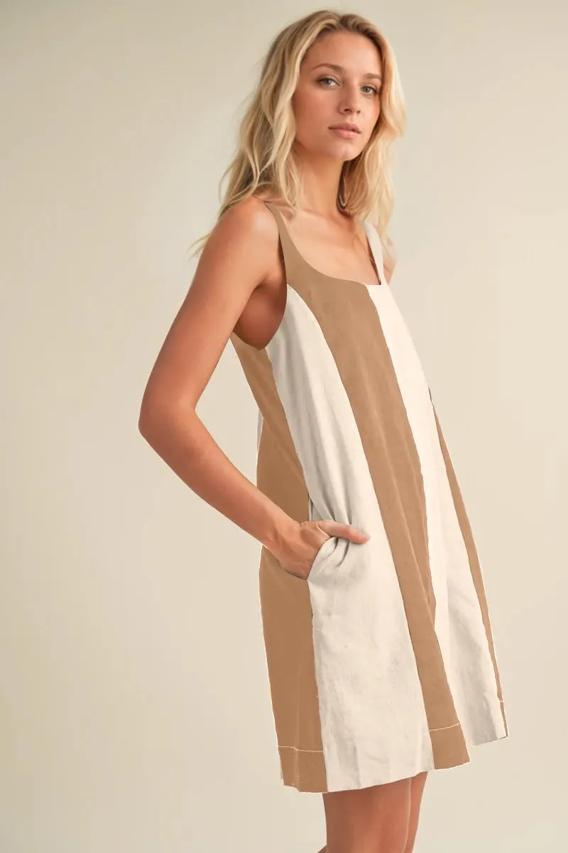 Women Color Block Square Neck Sleeveless Mini Dress Adjustable Wide Strap Contrast Linen Short Dress with Pockets