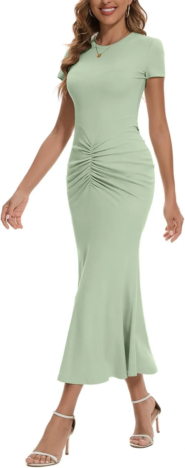Women Crew Neck Ruched Bodycon Maxi Dress Summer Short Sleeve Knit Long Fishtail Cocktail Dress for Wedding Guest