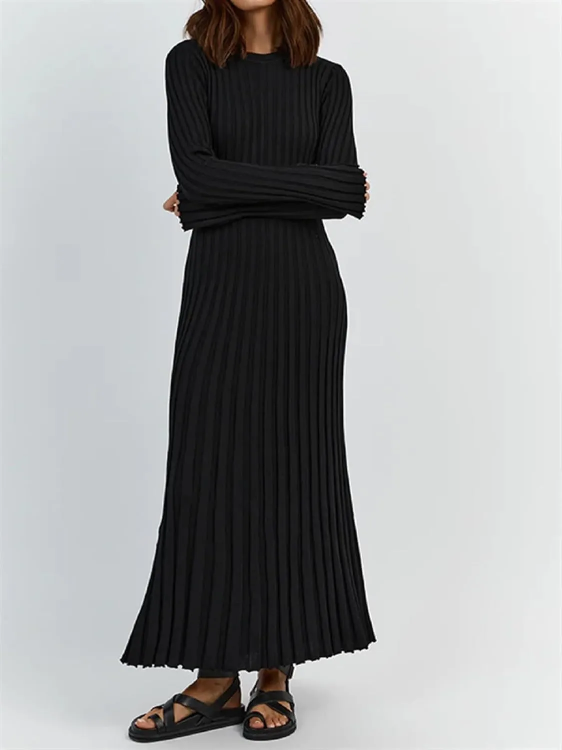 Women Ribbed Knit Long Sleeve Maxi Dress Slim Fit Solid Color Bodycon Pencil Long Dress Casual Fall Winter Clothes