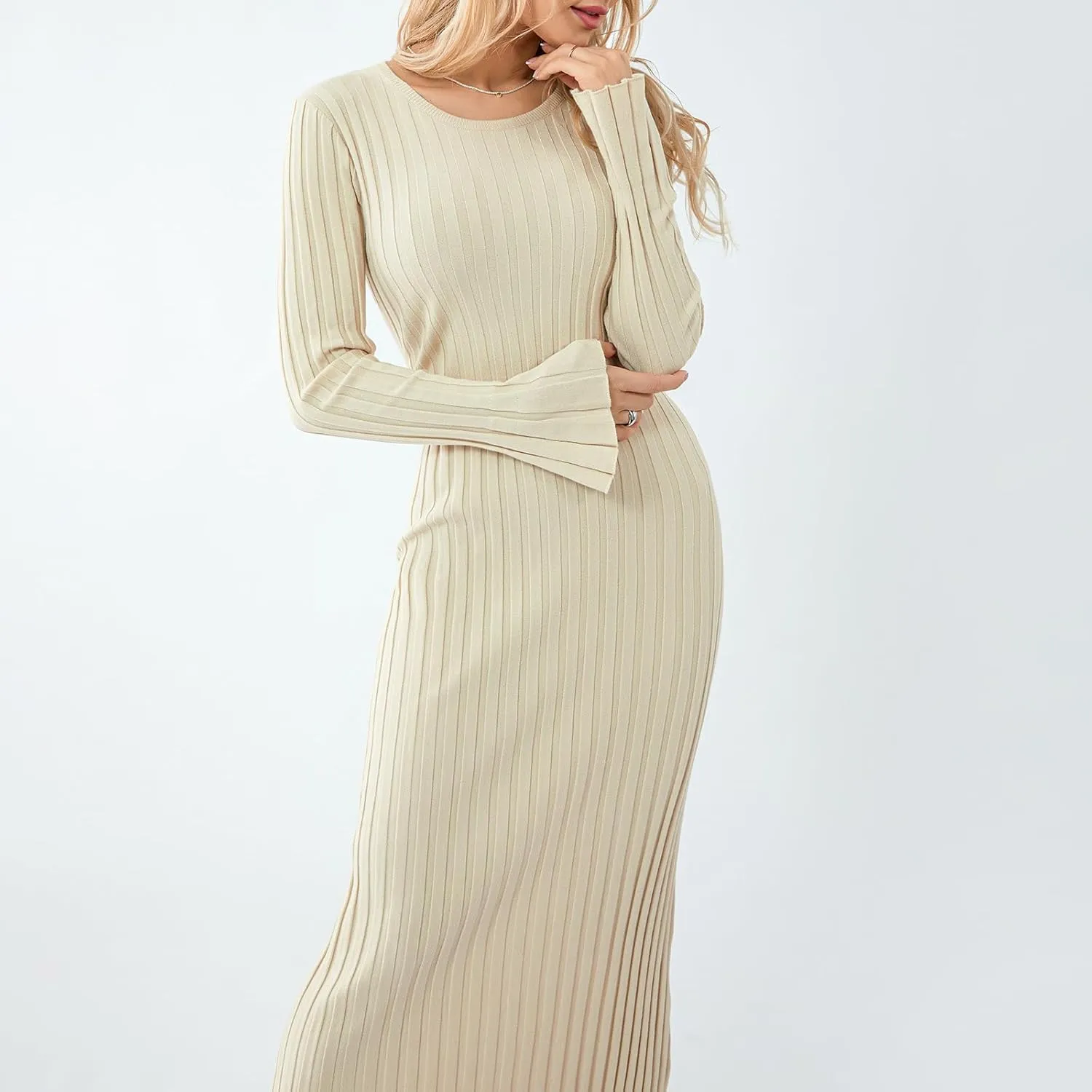 Women Ribbed Knit Long Sleeve Maxi Dress Slim Fit Solid Color Bodycon Pencil Long Dress Casual Fall Winter Clothes