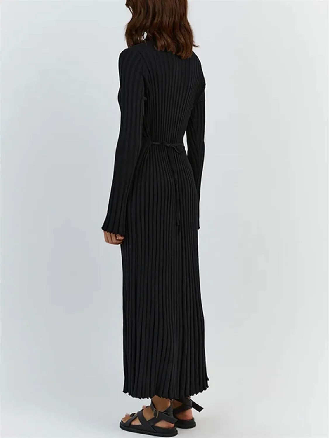 Women Ribbed Knit Long Sleeve Maxi Dress Slim Fit Solid Color Bodycon Pencil Long Dress Casual Fall Winter Clothes