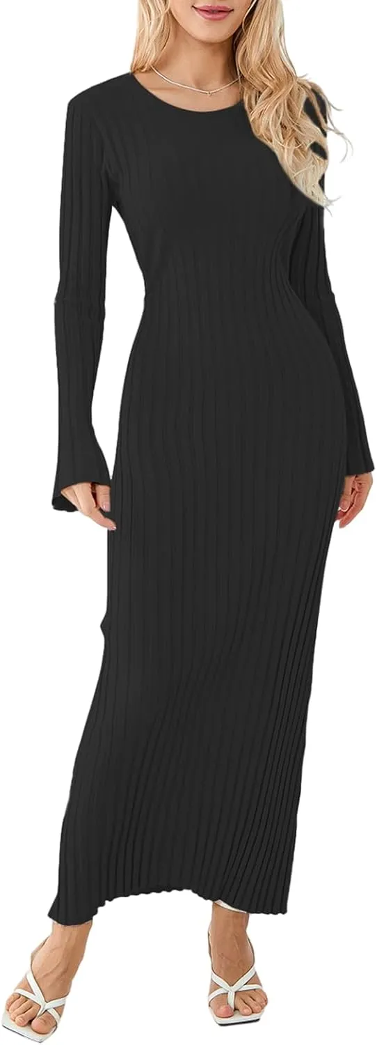 Women Ribbed Knit Long Sleeve Maxi Dress Slim Fit Solid Color Bodycon Pencil Long Dress Casual Fall Winter Clothes