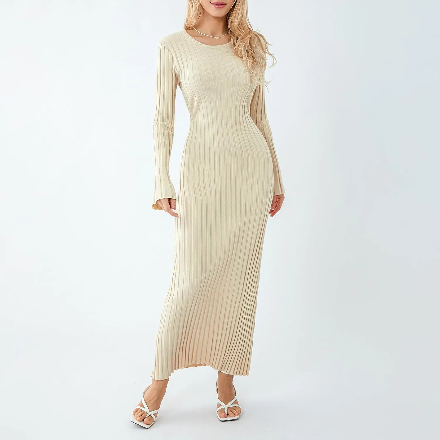 Women Ribbed Knit Long Sleeve Maxi Dress Slim Fit Solid Color Bodycon Pencil Long Dress Casual Fall Winter Clothes