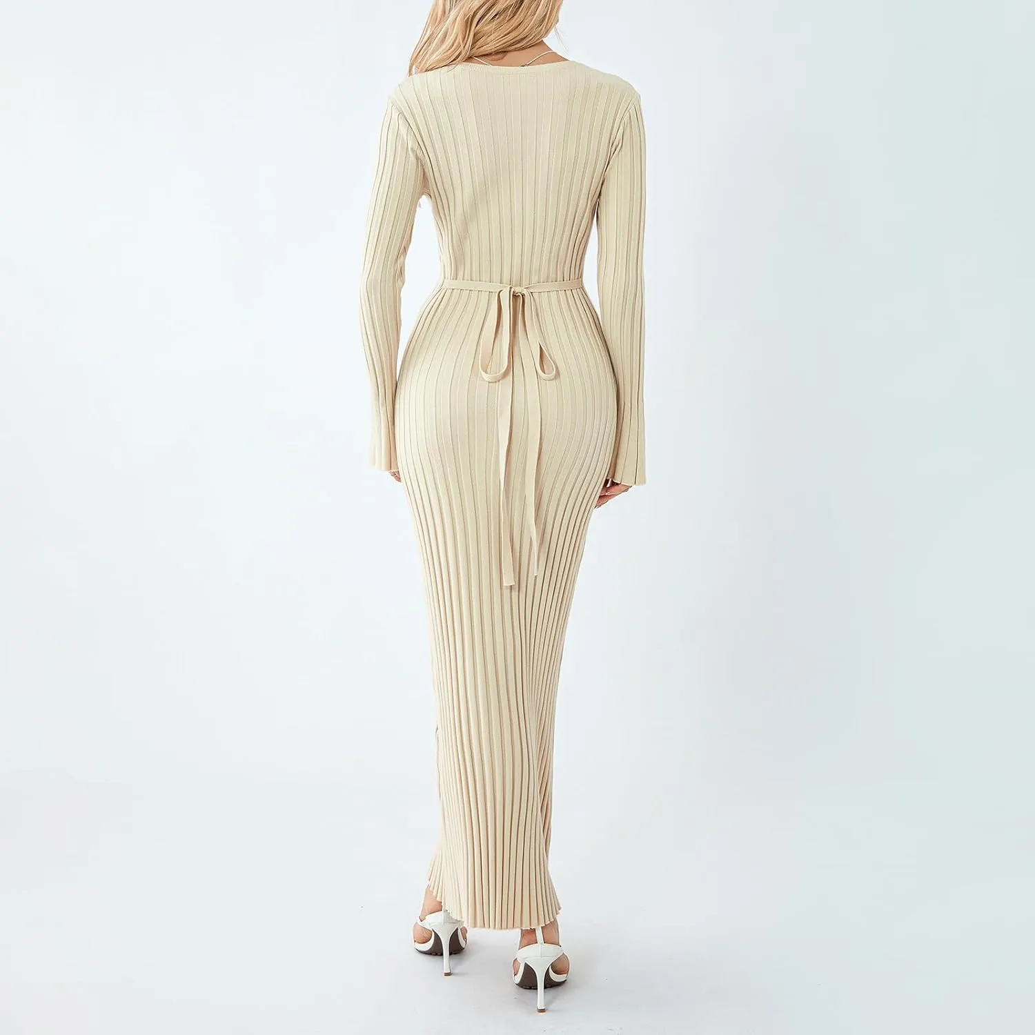 Women Ribbed Knit Long Sleeve Maxi Dress Slim Fit Solid Color Bodycon Pencil Long Dress Casual Fall Winter Clothes