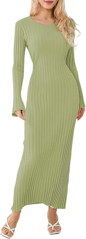 Women Ribbed Knit Long Sleeve Maxi Dress Slim Fit Solid Color Bodycon Pencil Long Dress Casual Fall Winter Clothes