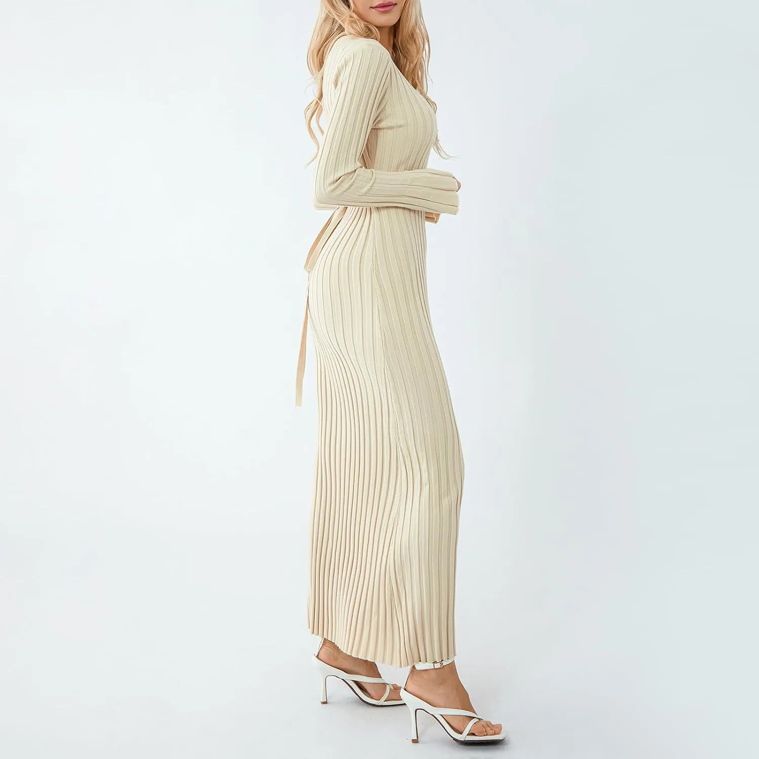 Women Ribbed Knit Long Sleeve Maxi Dress Slim Fit Solid Color Bodycon Pencil Long Dress Casual Fall Winter Clothes