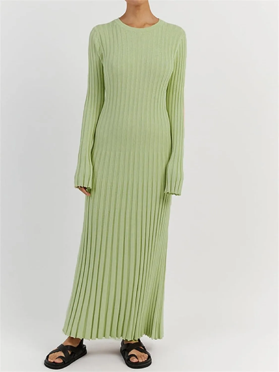 Women Ribbed Knit Long Sleeve Maxi Dress Slim Fit Solid Color Bodycon Pencil Long Dress Casual Fall Winter Clothes