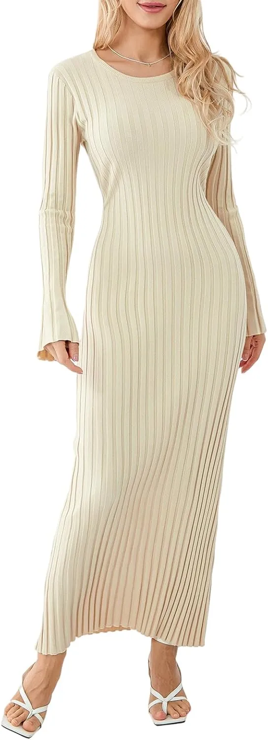 Women Ribbed Knit Long Sleeve Maxi Dress Slim Fit Solid Color Bodycon Pencil Long Dress Casual Fall Winter Clothes