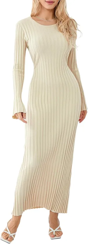 Women Ribbed Knit Long Sleeve Maxi Dress Slim Fit Solid Color Bodycon Pencil Long Dress Casual Fall Winter Clothes