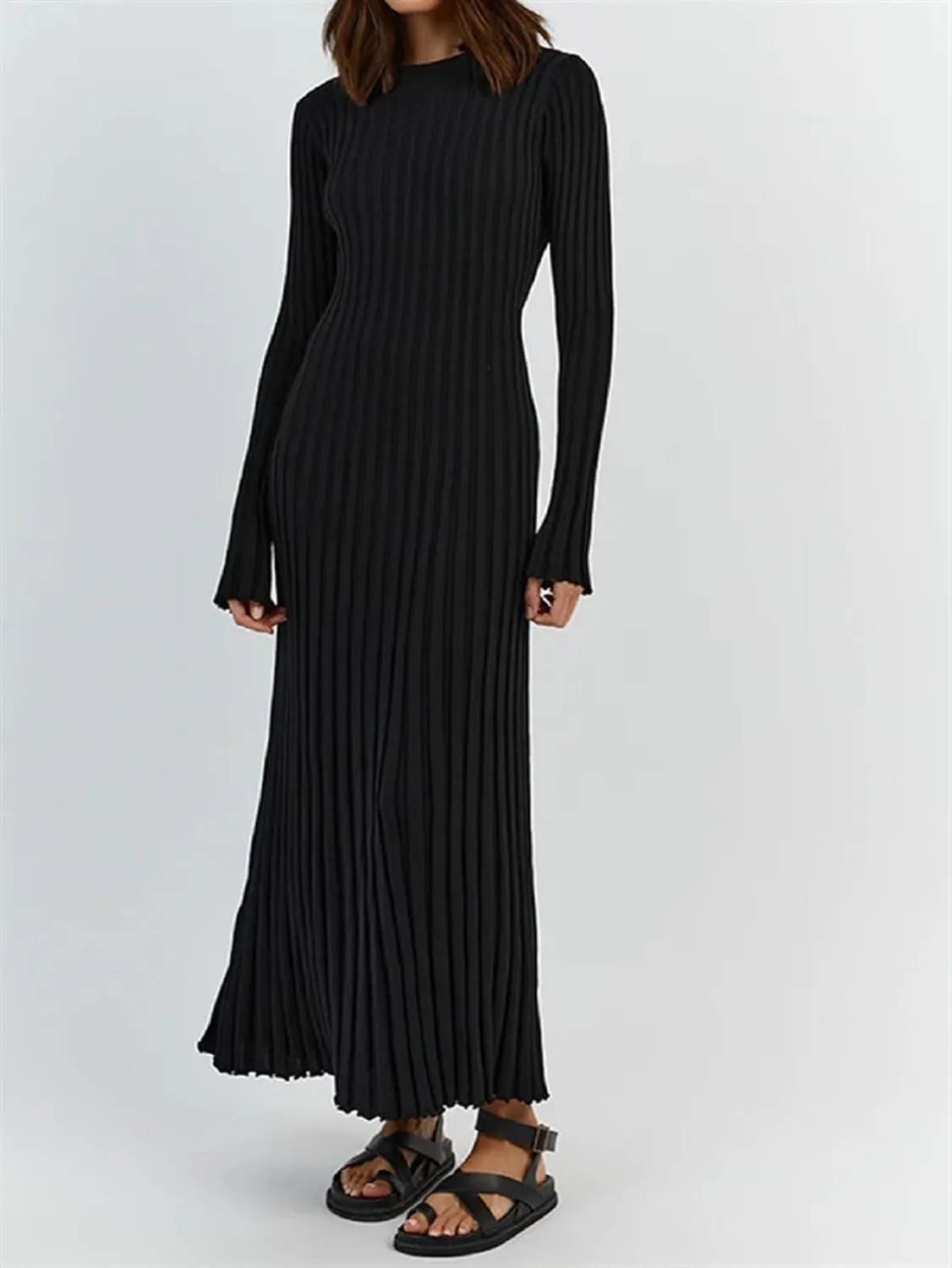 Women Ribbed Knit Long Sleeve Maxi Dress Slim Fit Solid Color Bodycon Pencil Long Dress Casual Fall Winter Clothes