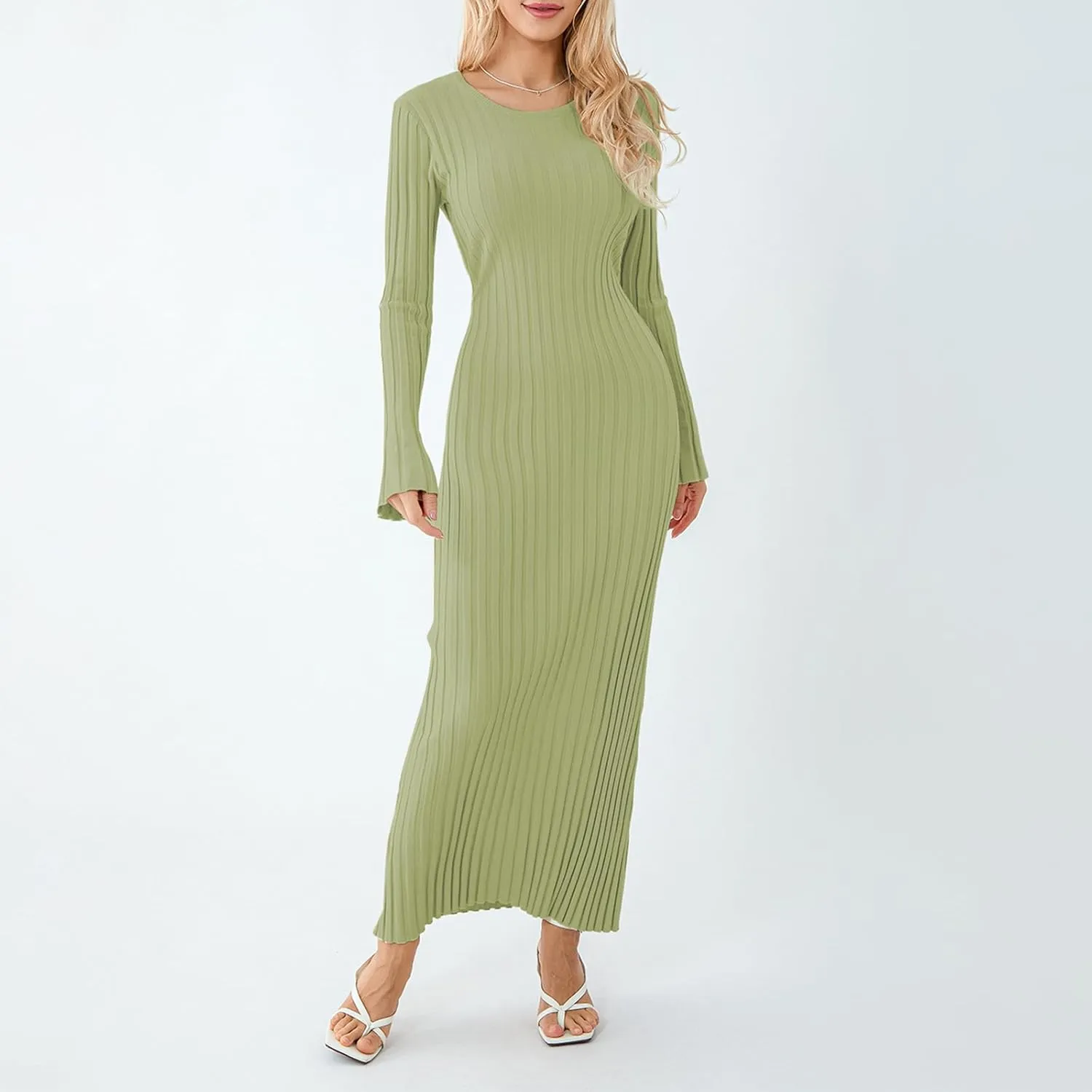 Women Ribbed Knit Long Sleeve Maxi Dress Slim Fit Solid Color Bodycon Pencil Long Dress Casual Fall Winter Clothes