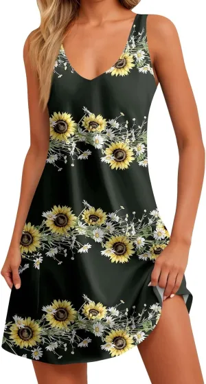 Women Summer Dresses Casual Vacation Sundress Printed 2025 Swimsuit Coverup Beach Sleeveless Dress with Pocket