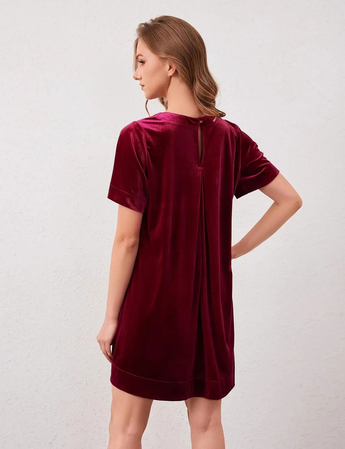 Women Velvet Short Sleeve Dress Casual Loose Mini Dress Plain Tunic T Shirt Dress Comfy Short Shift Dress with Pocket
