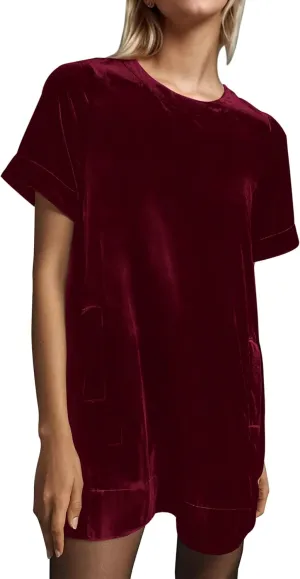 Women Velvet Short Sleeve Dress Casual Loose Mini Dress Plain Tunic T Shirt Dress Comfy Short Shift Dress with Pocket