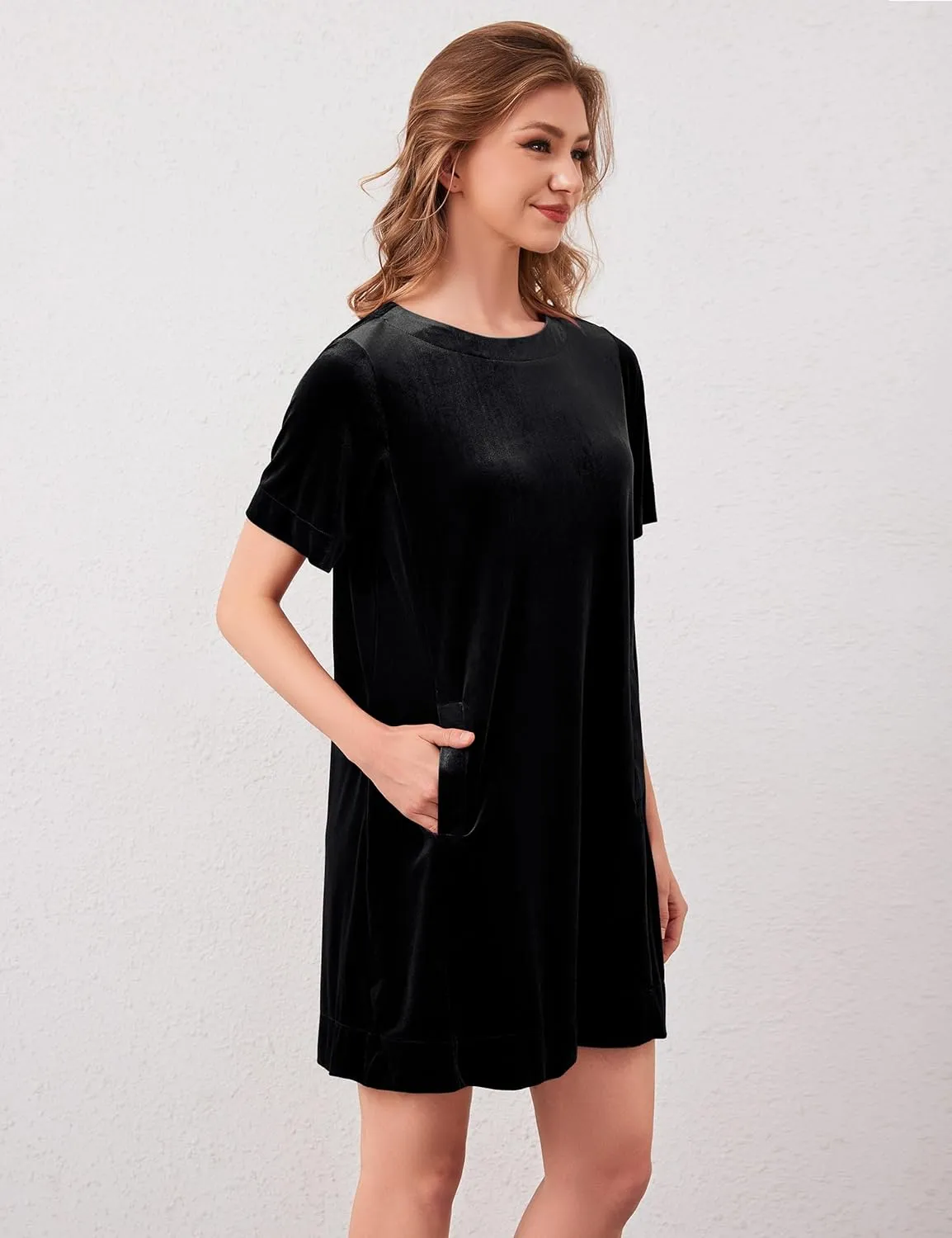 Women Velvet Short Sleeve Dress Casual Loose Mini Dress Plain Tunic T Shirt Dress Comfy Short Shift Dress with Pocket