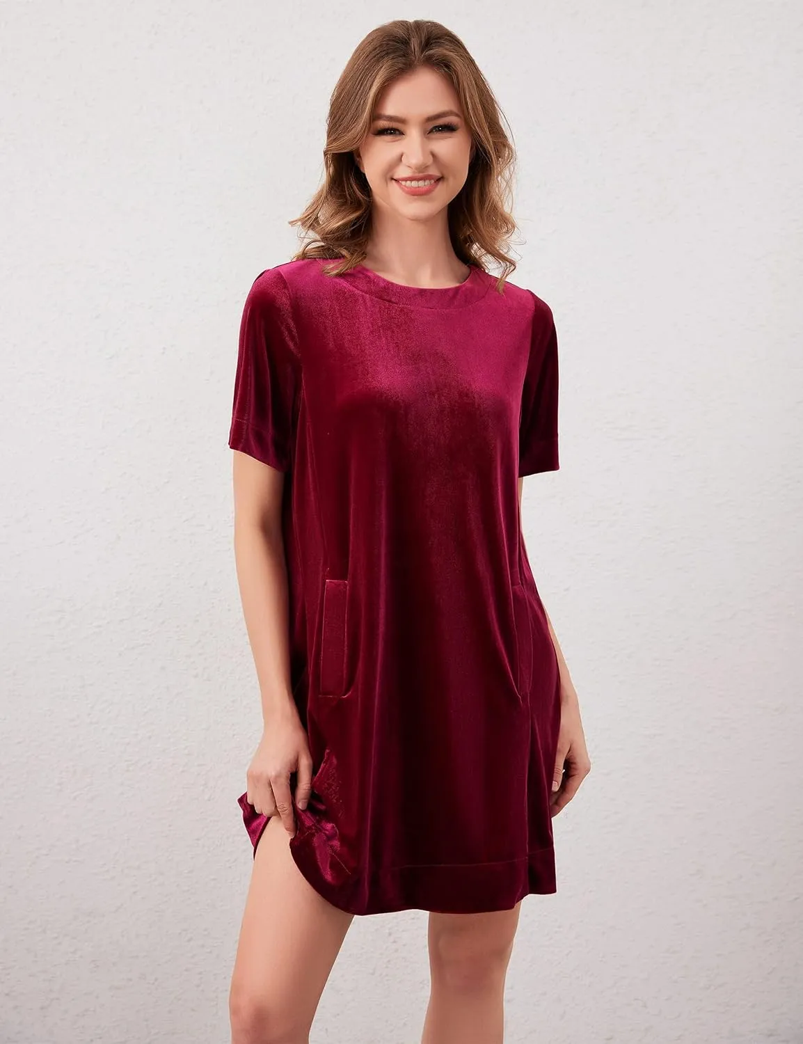 Women Velvet Short Sleeve Dress Casual Loose Mini Dress Plain Tunic T Shirt Dress Comfy Short Shift Dress with Pocket