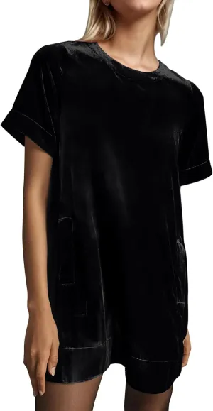 Women Velvet Short Sleeve Dress Casual Loose Mini Dress Plain Tunic T Shirt Dress Comfy Short Shift Dress with Pocket