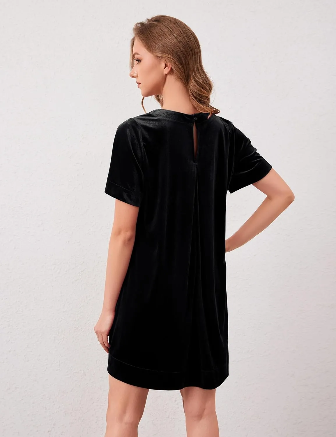 Women Velvet Short Sleeve Dress Casual Loose Mini Dress Plain Tunic T Shirt Dress Comfy Short Shift Dress with Pocket