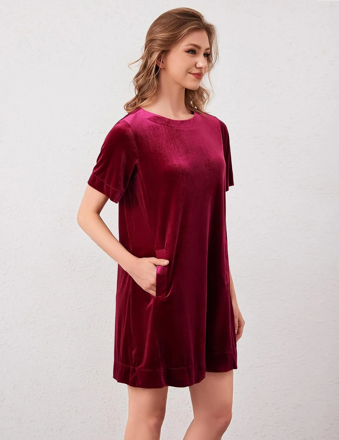 Women Velvet Short Sleeve Dress Casual Loose Mini Dress Plain Tunic T Shirt Dress Comfy Short Shift Dress with Pocket