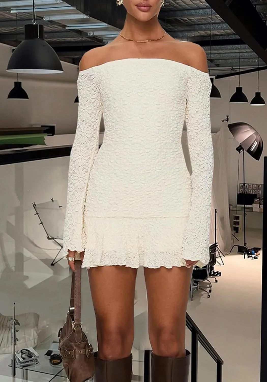 Womens 2025 Off The Shoulder Spring Dresses Long Sleeve Ruffle Bodycon Mini Wedding Guest Dresses