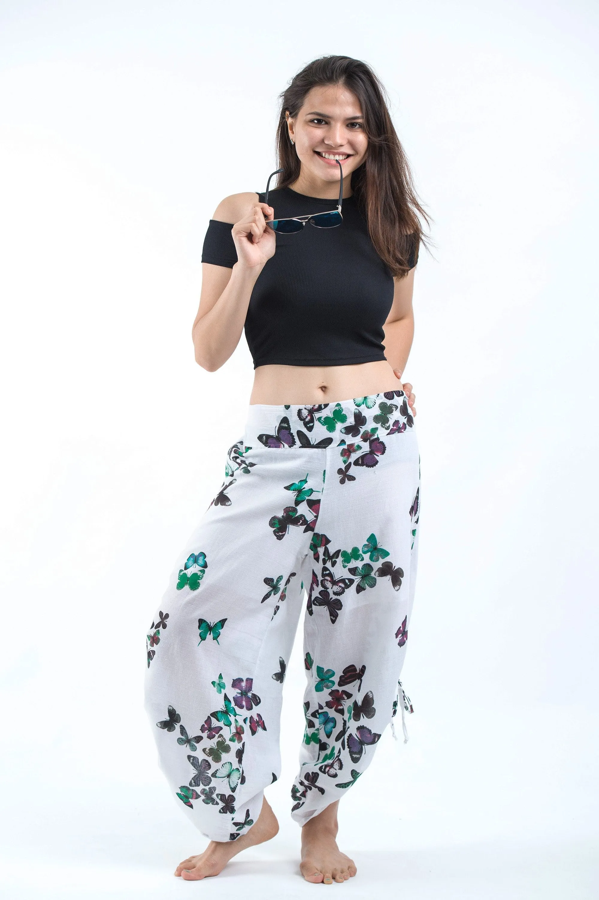 Womens Butterfly Drawstring Legs Pants in Turquoise