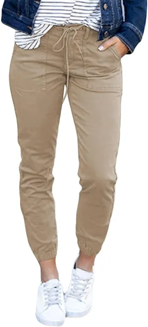 Womens Casual Pants Slim Fit High Waisted Tapered Cargo Pants Lightweight Drawstring Jogger Trousers with Pockets