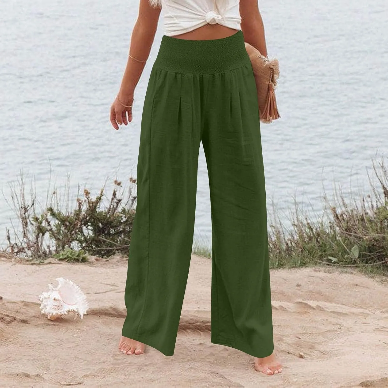 Women's Casual Straight Leg Solid Color High Waist Pocket Dressy Loose Fit Fashion Pants
