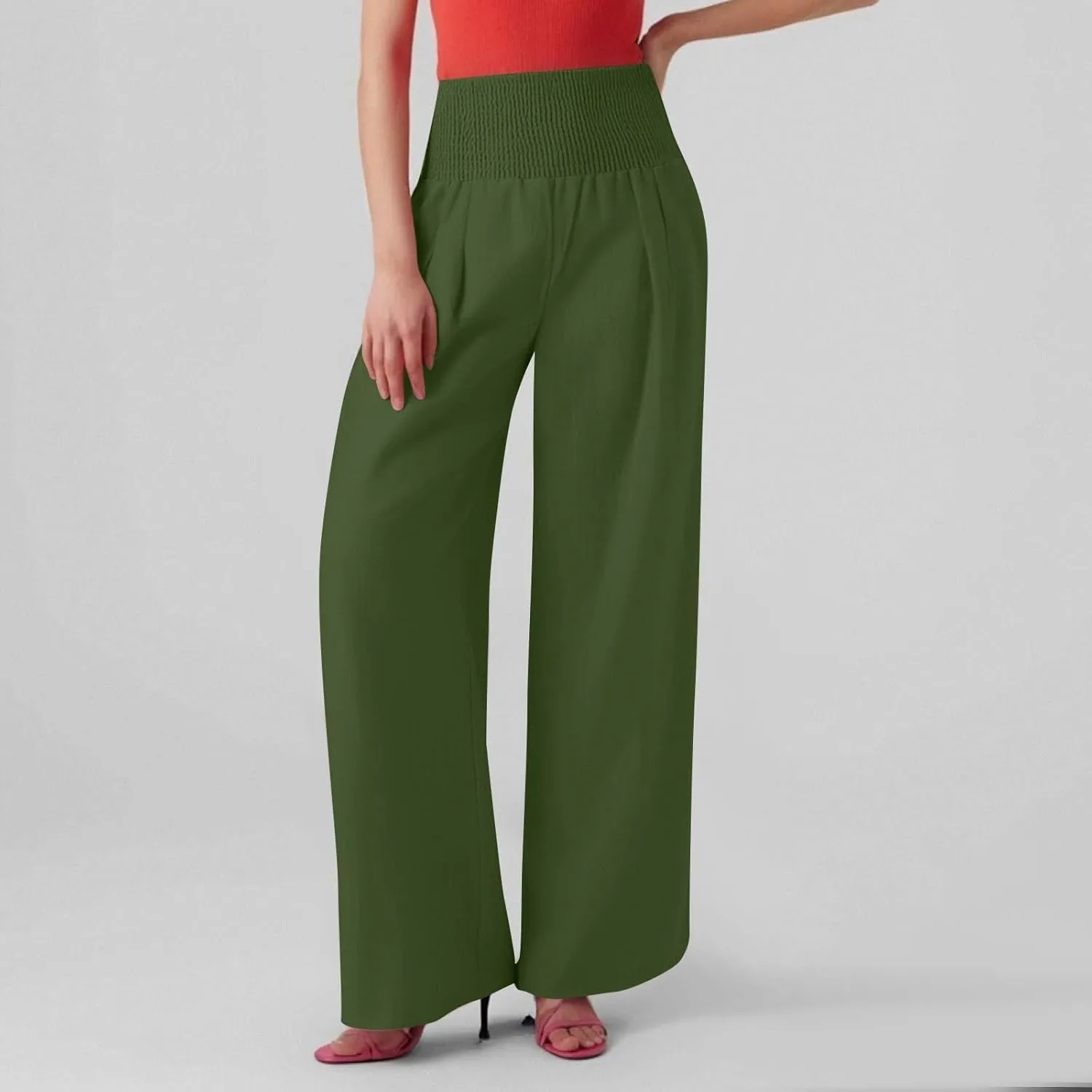 Women's Casual Straight Leg Solid Color High Waist Pocket Dressy Loose Fit Fashion Pants