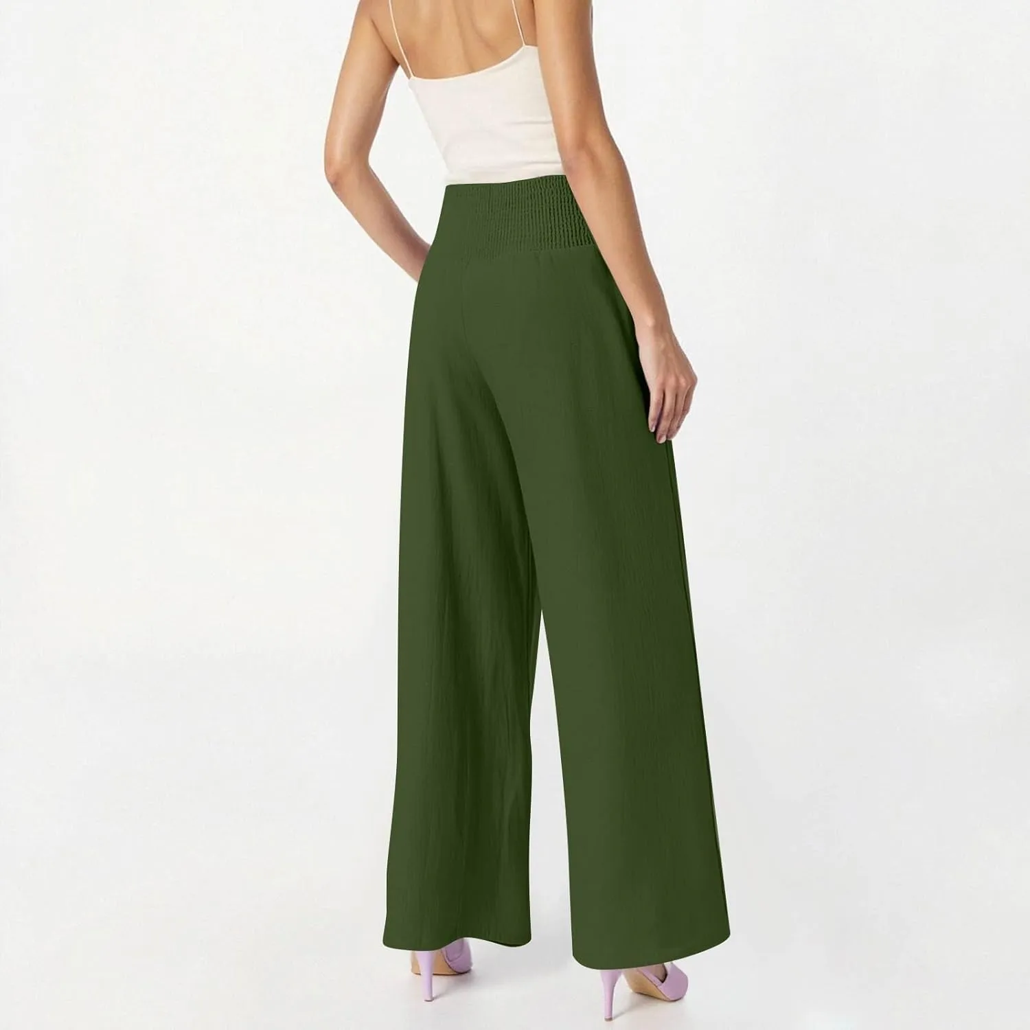 Women's Casual Straight Leg Solid Color High Waist Pocket Dressy Loose Fit Fashion Pants