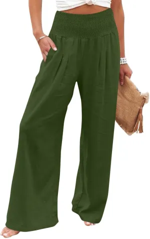 Women's Casual Straight Leg Solid Color High Waist Pocket Dressy Loose Fit Fashion Pants