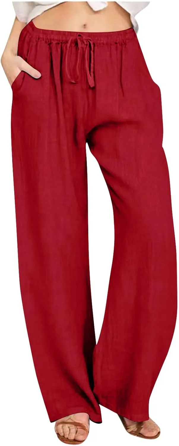 Women's Cotton Linen Palazzo Pants Drawstring Wide Leg Trousers High Waist Lightweight Pant Beach Vacation Clothes