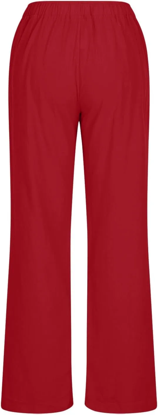 Women's Cotton Linen Palazzo Pants Drawstring Wide Leg Trousers High Waist Lightweight Pant Beach Vacation Clothes