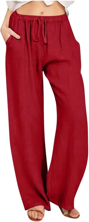 Women's Cotton Linen Palazzo Pants Drawstring Wide Leg Trousers High Waist Lightweight Pant Beach Vacation Clothes