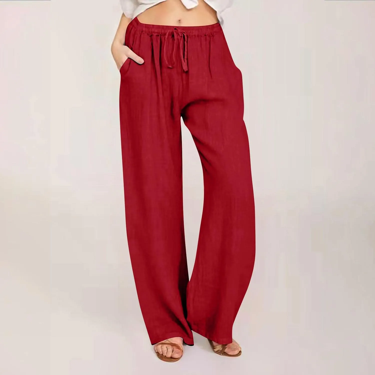 Women's Cotton Linen Palazzo Pants Drawstring Wide Leg Trousers High Waist Lightweight Pant Beach Vacation Clothes