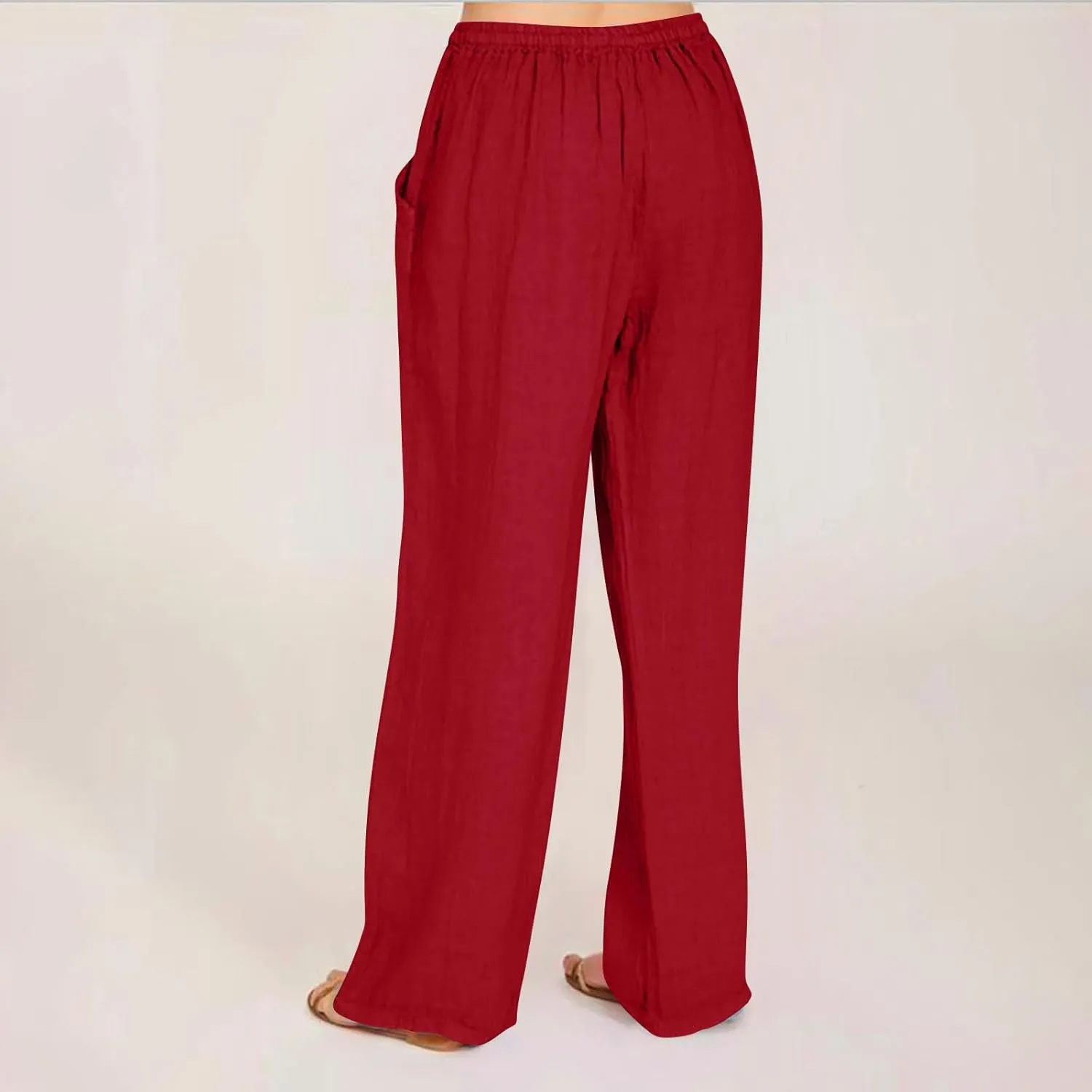 Women's Cotton Linen Palazzo Pants Drawstring Wide Leg Trousers High Waist Lightweight Pant Beach Vacation Clothes