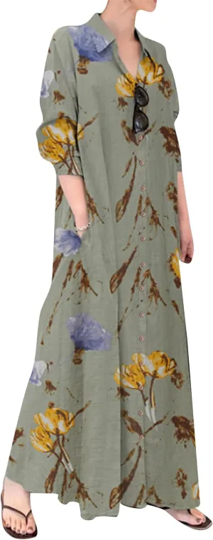 Women's Cotton Linen Shirt Dress Long Sleeve Floral Print Long Dress Casual Button Down Maxi Dress with Pockets