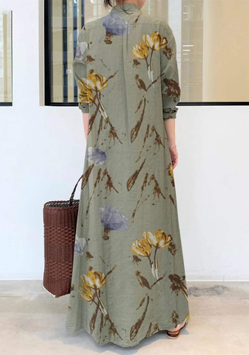 Women's Cotton Linen Shirt Dress Long Sleeve Floral Print Long Dress Casual Button Down Maxi Dress with Pockets