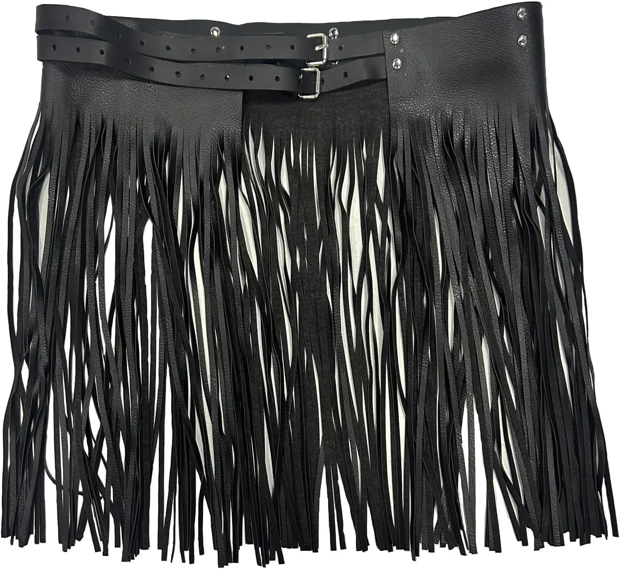 Women's Faux Leather Waistband Fringe Tassel Skirt Hippie Boho High Waist Adjustable Double Waist Belt Skirt Clubwear