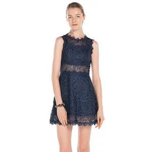Womens Lace Mini Dress Round Neck Sleeveless Party Bodycon size S M L XL Dark blue