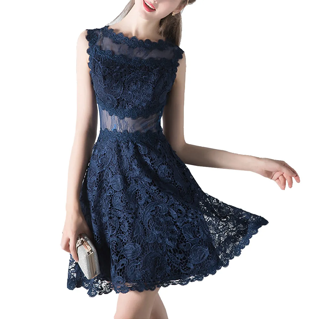 Womens Lace Mini Dress Round Neck Sleeveless Party Bodycon size S M L XL Dark blue