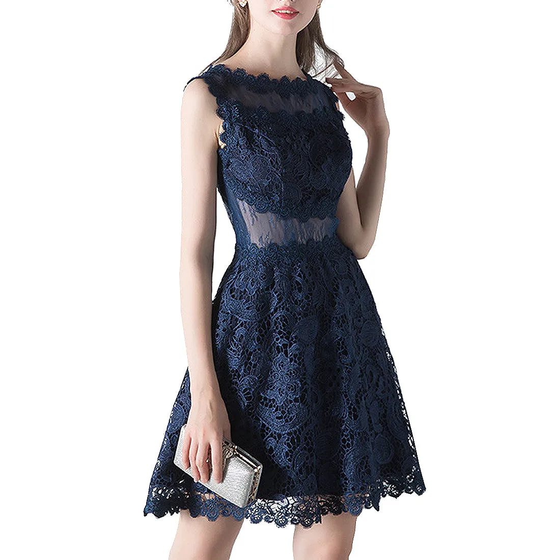 Womens Lace Mini Dress Round Neck Sleeveless Party Bodycon size S M L XL Dark blue