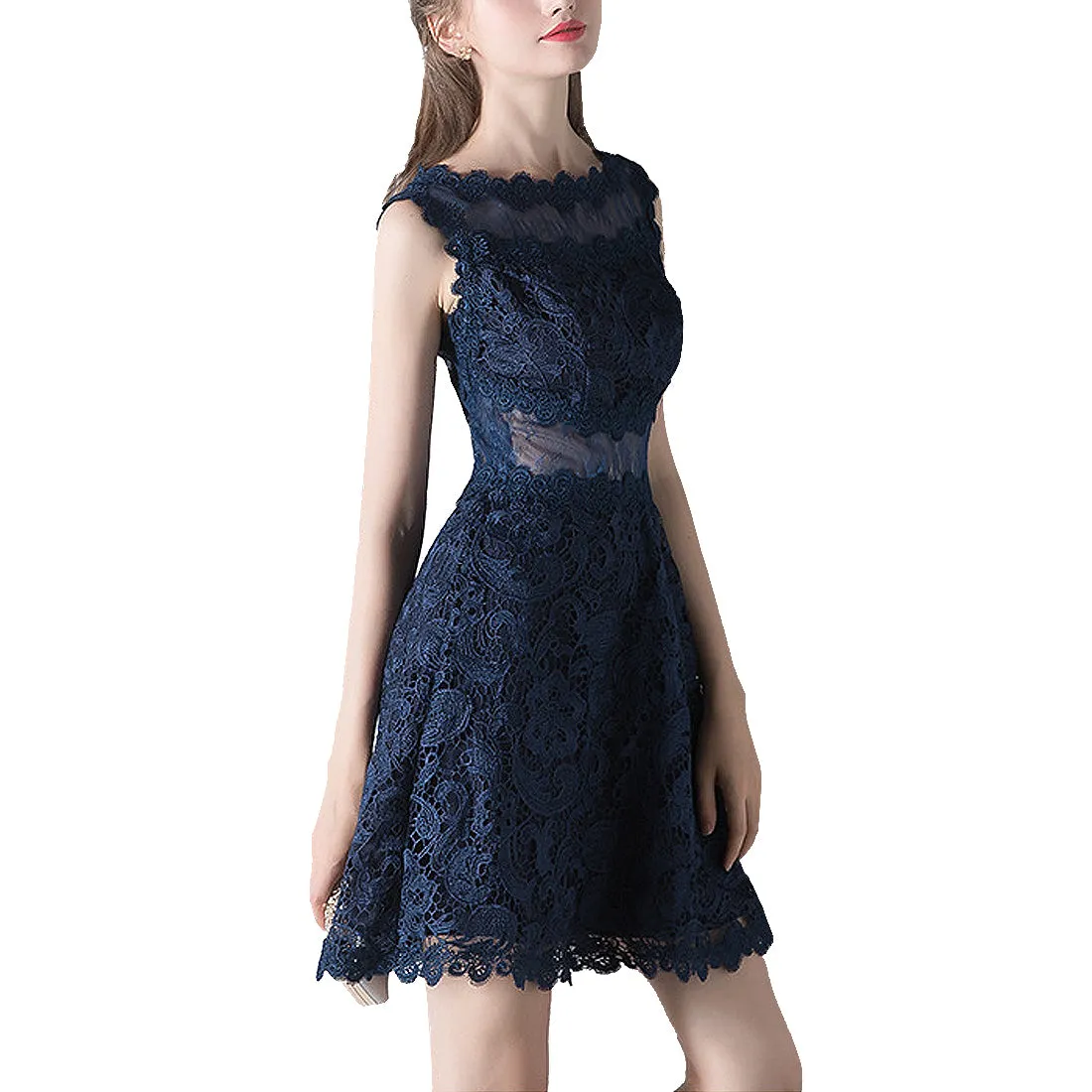 Womens Lace Mini Dress Round Neck Sleeveless Party Bodycon size S M L XL Dark blue