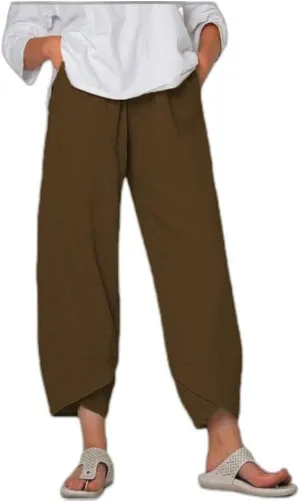 Women's Linen Wide Leg Pants with Pockets, Summer Elastic Casual Loose Beach Palazzo Boho Nine-Point Harem Trousers