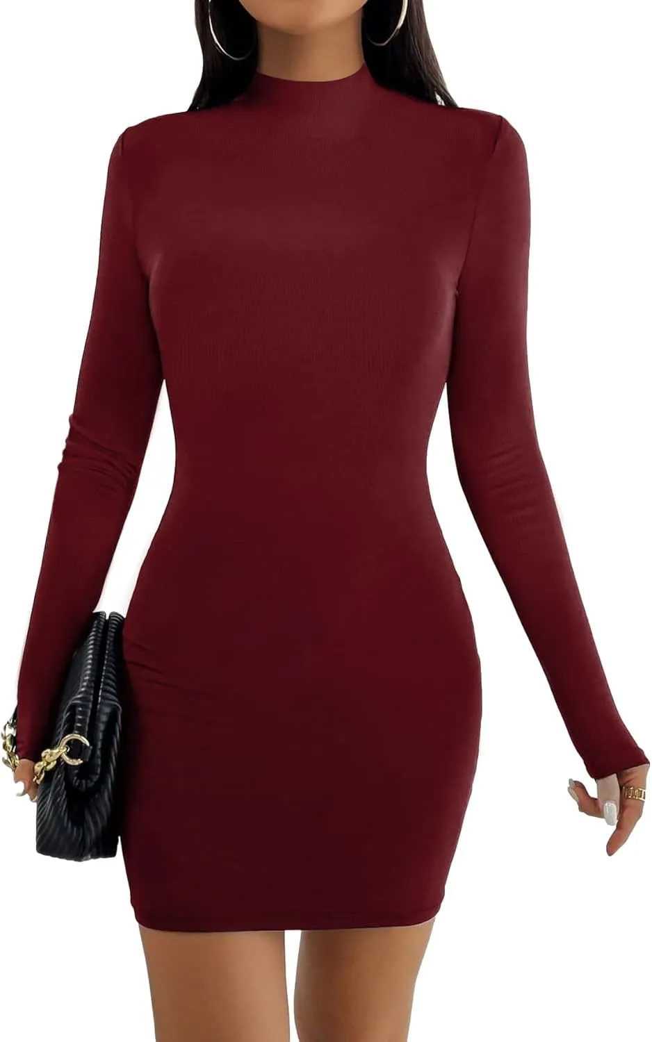 Women's Long Sleeve Mock Turtle Neck Dress Ribbed Knit Bobycon Pencil Dress Slim Fit Sexy Party Mini Dresses