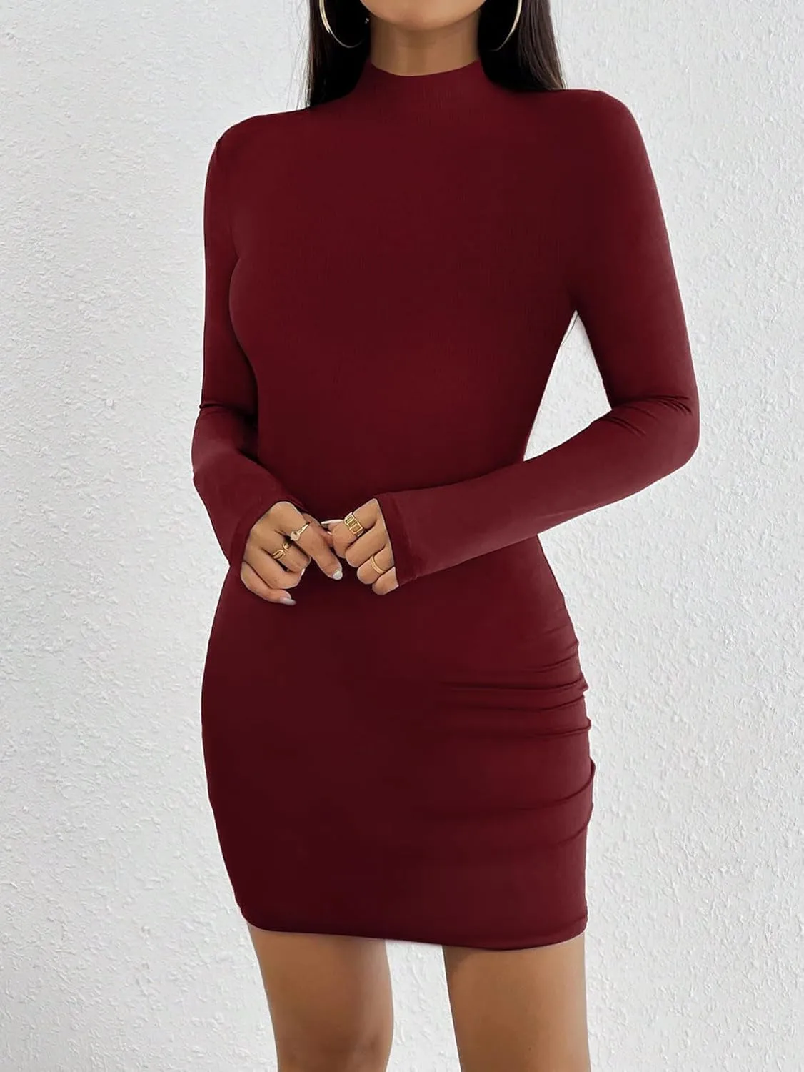 Women's Long Sleeve Mock Turtle Neck Dress Ribbed Knit Bobycon Pencil Dress Slim Fit Sexy Party Mini Dresses