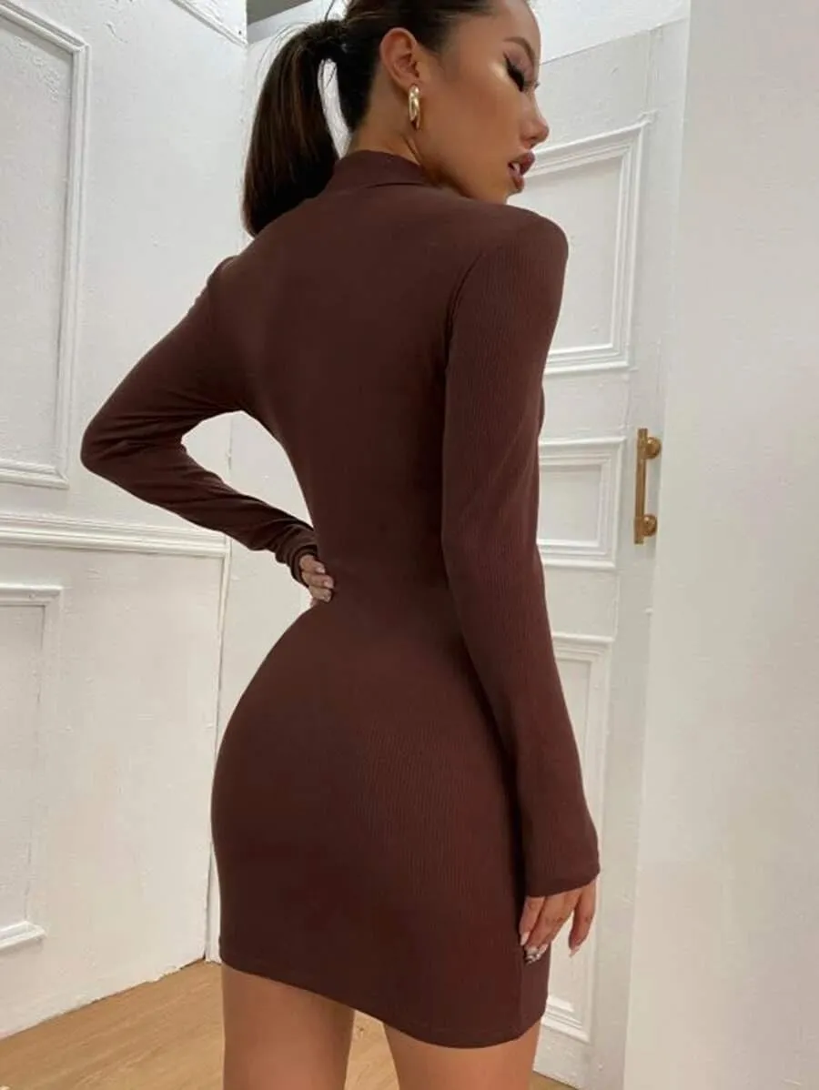 Women's Long Sleeve Mock Turtle Neck Dress Ribbed Knit Bobycon Pencil Dress Slim Fit Sexy Party Mini Dresses