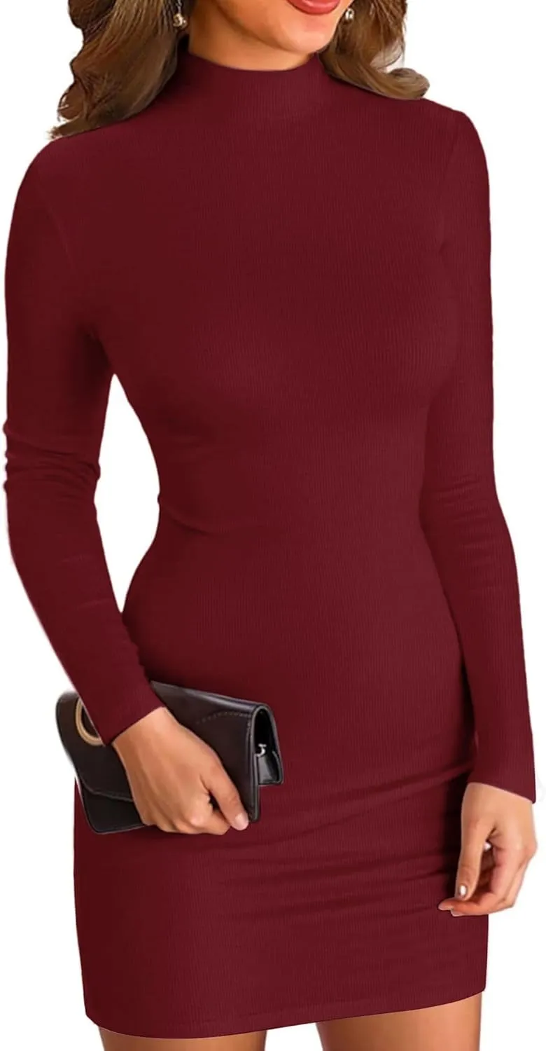 Women's Long Sleeve Mock Turtle Neck Dress Ribbed Knit Bobycon Pencil Dress Slim Fit Sexy Party Mini Dresses
